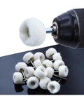 Premium Wool Polishing Wheels With 25mm Diameter And 3mm Shank For Rocking Car Detailing Jobs, showing soft wool buffers on drill.
