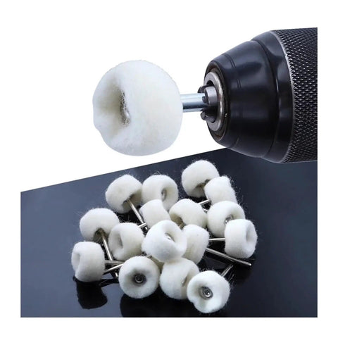 Premium Wool Polishing Wheels With 25mm Diameter And 3mm Shank For Rocking Car Detailing Jobs, showing soft wool buffers on drill.
