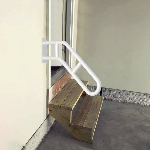 Beefed Up U Shaped Outdoor Stair Handrail With Two Crossbars 26 Inch Wall Mounted Grab Bar In Black Matte Finish for safety