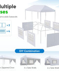 Diagram showing 10x20 Outdoor Party Tent Gazebo With Removable Church Sidewalls For Weddings And BBQs, Easy Setup All Weather Shelter Pavilion, Waterproof Canopy Blocks UV, Sturdy Rust Resistant Frame For Big Gatherings with 6 removable sidewalls and various configurations.