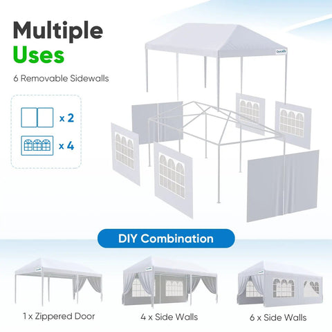 Diagram showing 10x20 Outdoor Party Tent Gazebo With Removable Church Sidewalls For Weddings And BBQs, Easy Setup All Weather Shelter Pavilion, Waterproof Canopy Blocks UV, Sturdy Rust Resistant Frame For Big Gatherings with 6 removable sidewalls and various configurations.