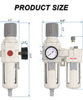 Front and side view of Heavy Duty 3/4 Inch NPT Air Filter Regulator Lubricator Combo With dimensions and PSI gauge visible.