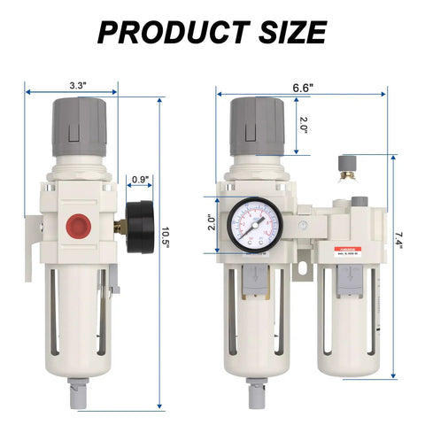 Front and side view of Heavy Duty 3/4 Inch NPT Air Filter Regulator Lubricator Combo With dimensions and PSI gauge visible.