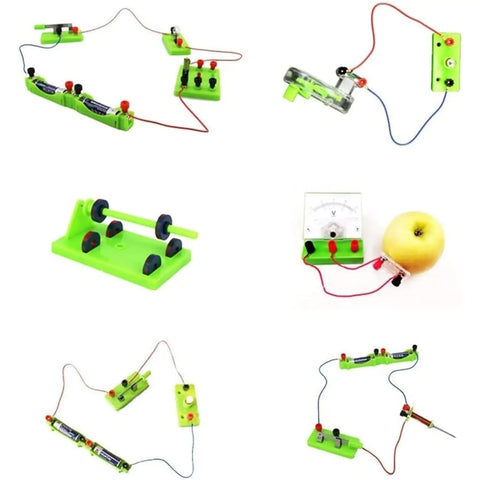 Hands On Circuit Experiment Kit With Doorbell, Solar Cell And Electromagnet Attraction Tests, kit components like magnets and wires displayed