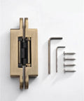Invisible Door Hinges With 3D Adjustable Concealed Design heavy duty zinc alloy in gold shown with screws and tools.