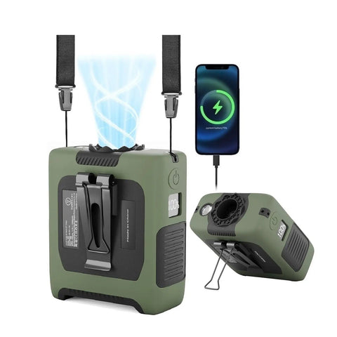 Rechargeable Portable Waist Fan 10000mAh With Five Speed Personal Clip On Belt Neck Fan, green, with phone charging feature