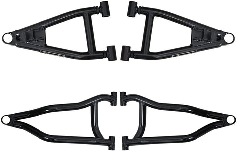 One Point Five Inch Forward Offset A Arms For Polaris Ranger 2010 2016 XP 800 XP 800 Crew 800 6x6 Fits Up To 28 Inch Tires With Standard Duty Preinstalled Ball Joints No Lift Required And One Point Twenty Five Inch Tubing Larger Than Stock UV Finish black steel A-arms set