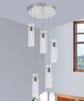 Five-Light Brushed Nickel Kitchen Island Pendant Lights With Dimmable LED hanging in a modern interior space