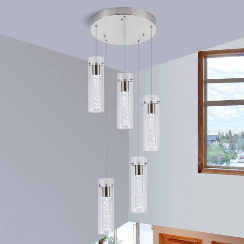 Five-Light Brushed Nickel Kitchen Island Pendant Lights With Dimmable LED hanging in a modern interior space