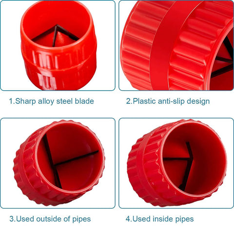Two-piece red pipe deburring reamer set with inner/outer blades for PVC/PPR/copper/brass/aluminum tubes