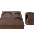 Heavy Duty Wooden Knock Box And Espresso Tamper Station with polished walnut base and tamper rack for kitchen counter organization.