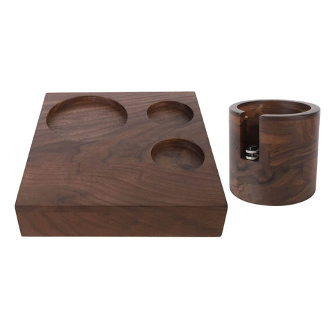 Heavy Duty Wooden Knock Box And Espresso Tamper Station with polished walnut base and tamper rack for kitchen counter organization.