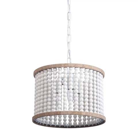 Bohemian Wood Beaded Chandelier Three Light Pendant With White Finish, Rustic Boho Style with hand rope knot details