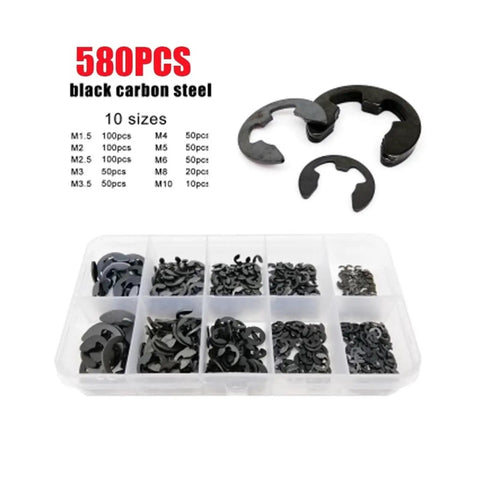 External Retaining Ring E Clip Circlip Washer Set For Shafts Black Carbon Steel M1.2 To M15 580 To 1000 Piece Assortment Kit