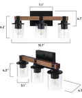 Dimensions of four light wood vanity light fixture over mirror with dope clear glass shades and matte black metal, farmhouse rustic vanity sconce for bathroom living room or hallway, vintage charm meets modern brightness.