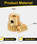 Brass worm gear set with two gears, 20T, 0.5 module, 20:1 reduction, right-rotation; includes 3mm and 1.98mm bores.