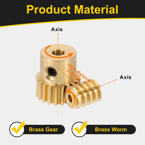 Brass worm gear set with two gears, 20T, 0.5 module, 20:1 reduction, right-rotation; includes 3mm and 1.98mm bores.