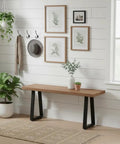 Beefy Heavy Duty Adjustable Metal Table Legs Set Of 2 16 Inch Trapezoid Bench Legs supporting wooden bench, in modern living room.