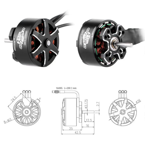 3625 Size Brushless Motor 2250KV Outer Rotor for 1/10 RC Crawlers, dual motor views with detailed schematic