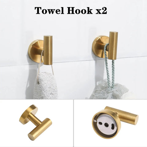 Brushed Gold Stainless Steel Bathroom Hardware Set With Hand Towel Ring, Toilet Paper Holder, And Two Robe Towel Hooks, Hidden Mounting Screws