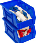 Space Saving Stackable Plastic Storage Bins For Garage And Pantry, 9 X 6 X 5 Inches, Blue, filled with plumbing valves