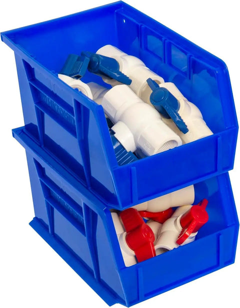 Space Saving Stackable Plastic Storage Bins For Garage And Pantry, 9 X 6 X 5 Inches, Blue, filled with plumbing valves