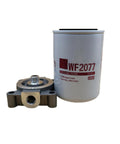 Coolant Filter With Base For Cummins B6.7 And ISL9 Engines Replacement P554685 WF2077 Cross Reference To Fleetguard John Deere Donaldson Three Eighths Inch NPT Spin On Head Fits Freightliner International Ford Peterbilt Kenworth Mack Trucks. Visible are the filter and spin-on head.