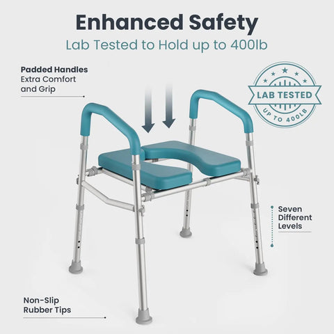 Adjustable Height Toilet Seat With Rock Solid Dual Handles And Real Heavy Duty Four Hundred Pound Support Quick No Sweat Assembly For Seniors And Post Surgery Recovery Top Shelf Stability Plus Super Comfy Armrest Grips In Grey