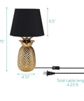 Gold Pineapple Table Lamp With Ceramic Base, 15.75 Inch Tall, Black Shade, Cord Switch, Modern Tropical Decor Light