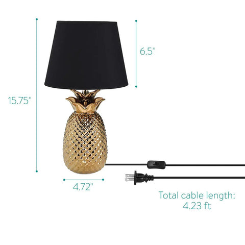 Gold Pineapple Table Lamp With Ceramic Base, 15.75 Inch Tall, Black Shade, Cord Switch, Modern Tropical Decor Light