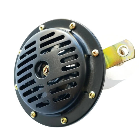 Heavy Duty 24 Volt Horn Replacement 121058 Plug And Play Upgrade For Skyjack Electric Scissor Lifts, black with gold screws.