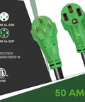 50 Amp 25 Foot RV And EV Extension Cord With NEMA 14 50P Connectors For Level 2 EV Charging And RV Hookups 6250 Watt At 125 Volt And 12500 Watt At 250 Volt Durable Heavy Duty, NEMA 14-50P/R ends