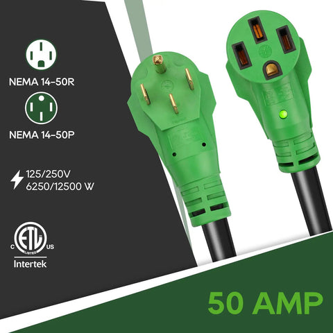 50 Amp 25 Foot RV And EV Extension Cord With NEMA 14 50P Connectors For Level 2 EV Charging And RV Hookups 6250 Watt At 125 Volt And 12500 Watt At 250 Volt Durable Heavy Duty, NEMA 14-50P/R ends