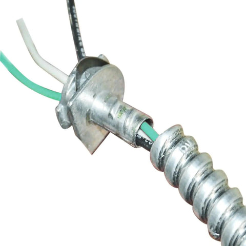 Close-up of 25 Foot 1/2 Inch Alflex Type RWA Reduced Wall Aluminum Flexible Conduit, showing wiring through smooth interior