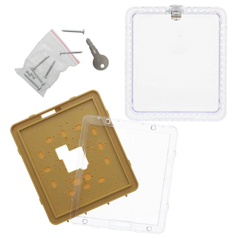 Lockable Thermostat Cover Box With Key For Wall Mount HVAC Control Panel, clear plastic components, installation screws, and key visible.