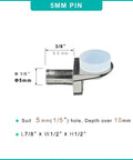 Heavy Duty Nickel Metal Shelf Peg Pins And Clips With Stick Tight Silicone Tips For 5MM Display Rack Holes showing detailed dimensions.