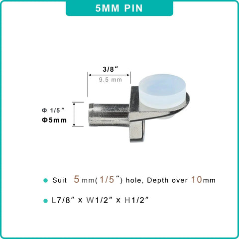Heavy Duty Nickel Metal Shelf Peg Pins And Clips With Stick Tight Silicone Tips For 5MM Display Rack Holes showing detailed dimensions.