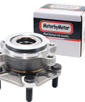 Heavy Duty Front Wheel Hub And Bearing Assembly Fits 2013 2019 Nissan Sentra NV200 2013 2017 Nissan Leaf And 2015 2018 Chevy City Express 5 Lug OE Direct Replacement With Low Runout For Quiet Smooth Rides, front view with box