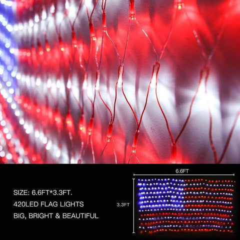 Close-up of Patriotic American Flag LED Net Lights For Outdoor Decor, 420 LED Waterproof String Lights For Yard And Garden