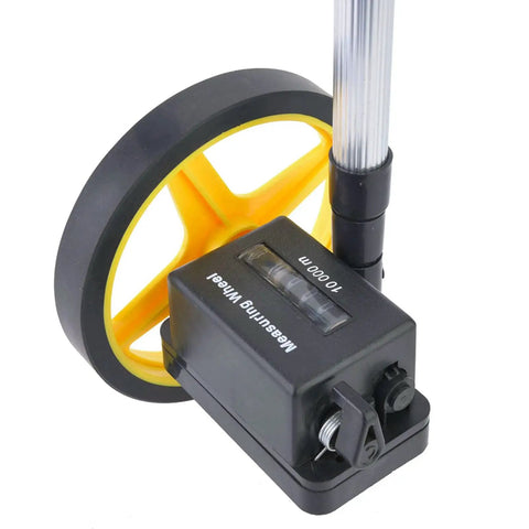 LiebeWH Measuring Wheel 0-9999.9m Telescopic Handle 0.5% Accuracy close-up showing yellow wheel and measuring display.