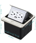 Pop Up Floor Outlet Box With 15 Amp Tamper Resistant Receptacle And Type A USB 5V 5.0A And Type C USB Corrosion Resistant Hardware ETL Listed Brushed Nickel Finish 4x4 Floor Box Kit With Flip Up Cover No Fuss showing open view with cover raised.