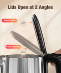 1.7L Electric Kettle With Touch Screen Control, Fast Boil, Auto Shut Off, Double Wall Design, Six Temperature Presets, lid opening angles
