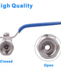Stainless steel 1/4 in NPT ball valve with blue lever handle, front view