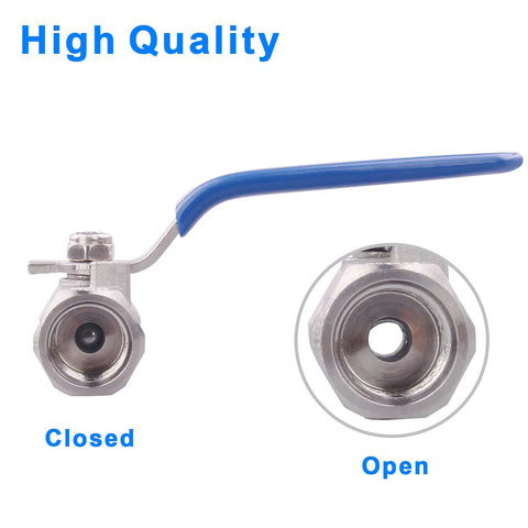 Stainless steel 1/4 in NPT ball valve with blue lever handle, front view