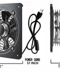 Heavy Duty Window Exhaust Fan Wall Mounted Ventilation Extractor For Home Garage Office Basement Industrial Grade 12 Inch Fan Delivers 720 CFM At 1460 RPM Quiet Durable Metal Construction For Tough Conditions, showing front and side view with dimensions.