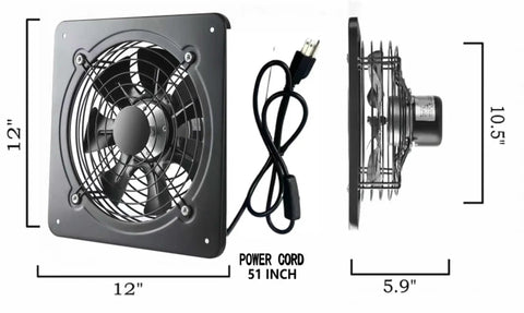 Heavy Duty Window Exhaust Fan Wall Mounted Ventilation Extractor For Home Garage Office Basement Industrial Grade 12 Inch Fan Delivers 720 CFM At 1460 RPM Quiet Durable Metal Construction For Tough Conditions, showing front and side view with dimensions.