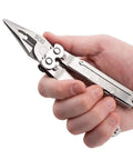 Person holding Powerlock Heavy Duty 18 Tool Multitool with pliers, stainless steel finish, showing pliers feature.