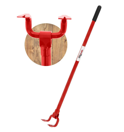 Heavy Duty 44 Inch Steel Deck Pry Bar With Dual Claw Heads No Kneeling Back Saving Non Slip Handle Red Demolition Tool shown