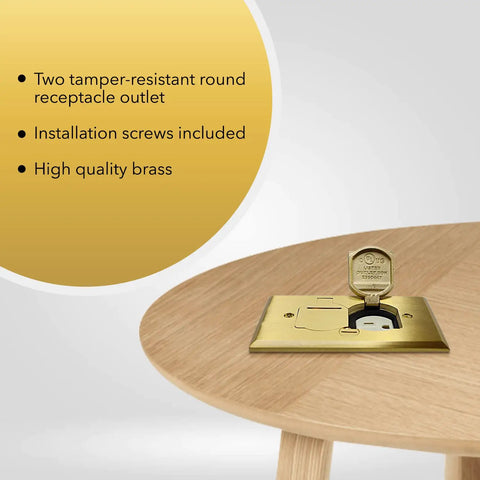 20A Tamper-Resistant Receptacle Floor Box With Flip Lid And Brass Cover on wooden countertop
