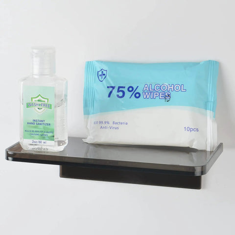 Adhesive Wall Shelf Clear Acrylic Space Saver For Bathroom Kitchen Office holding hand sanitizer and wipes